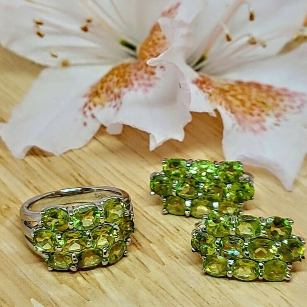 Natural Peridot 14K White Gold on 925 Sterling Silver Earrings & Ring  Set
